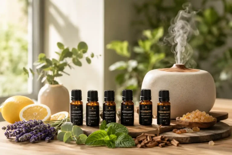 Essential oil blend recipes with diffuser, lavender, lemon, eucalyptus, peppermint, and amber essential oil bottles in a luxury wellness setting