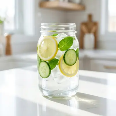 Cucumber lemon and mint infused water prepared as a healthy hydration drink