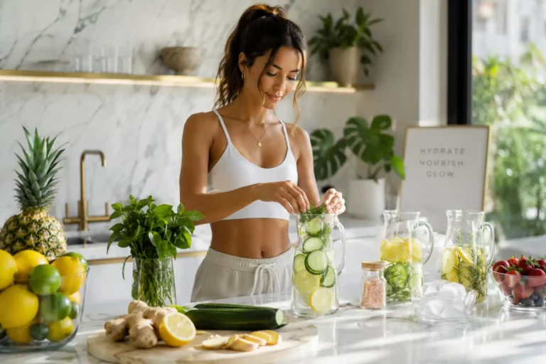 Woman preparing cucumber lemon detox water in a modern kitchen during a hydration reset