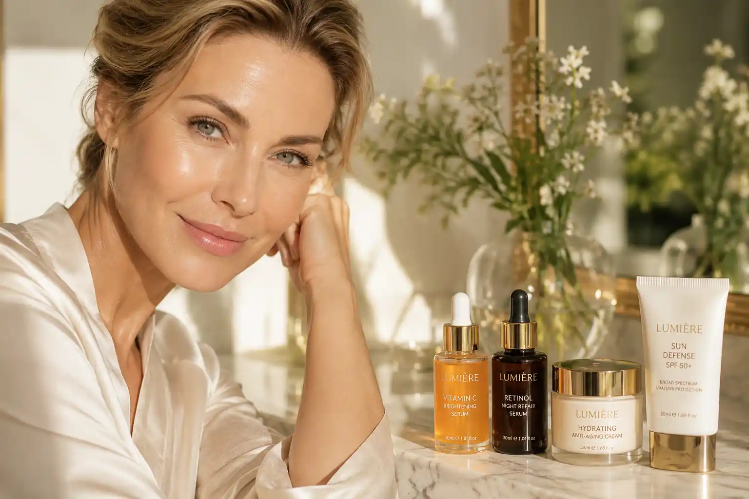 Anti-aging skincare products including sunscreen, retinol, and vitamin C serum arranged on a luxury vanity for wrinkle prevention and healthy aging.