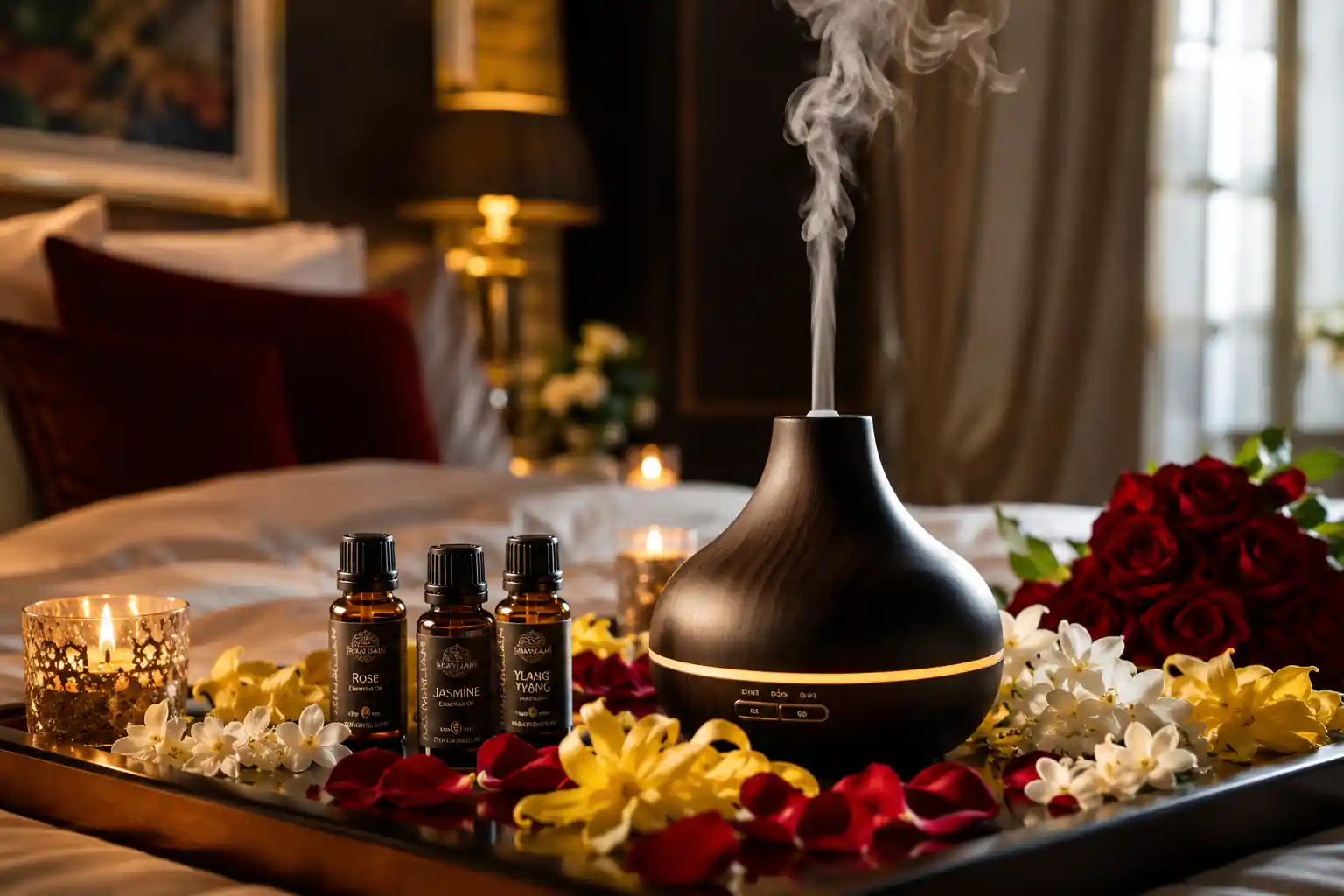 Luxury aphrodisiac essential oil blend with diffuser mist, rose petals, jasmine flowers, sandalwood, and candlelight creating a romantic atmosphere.