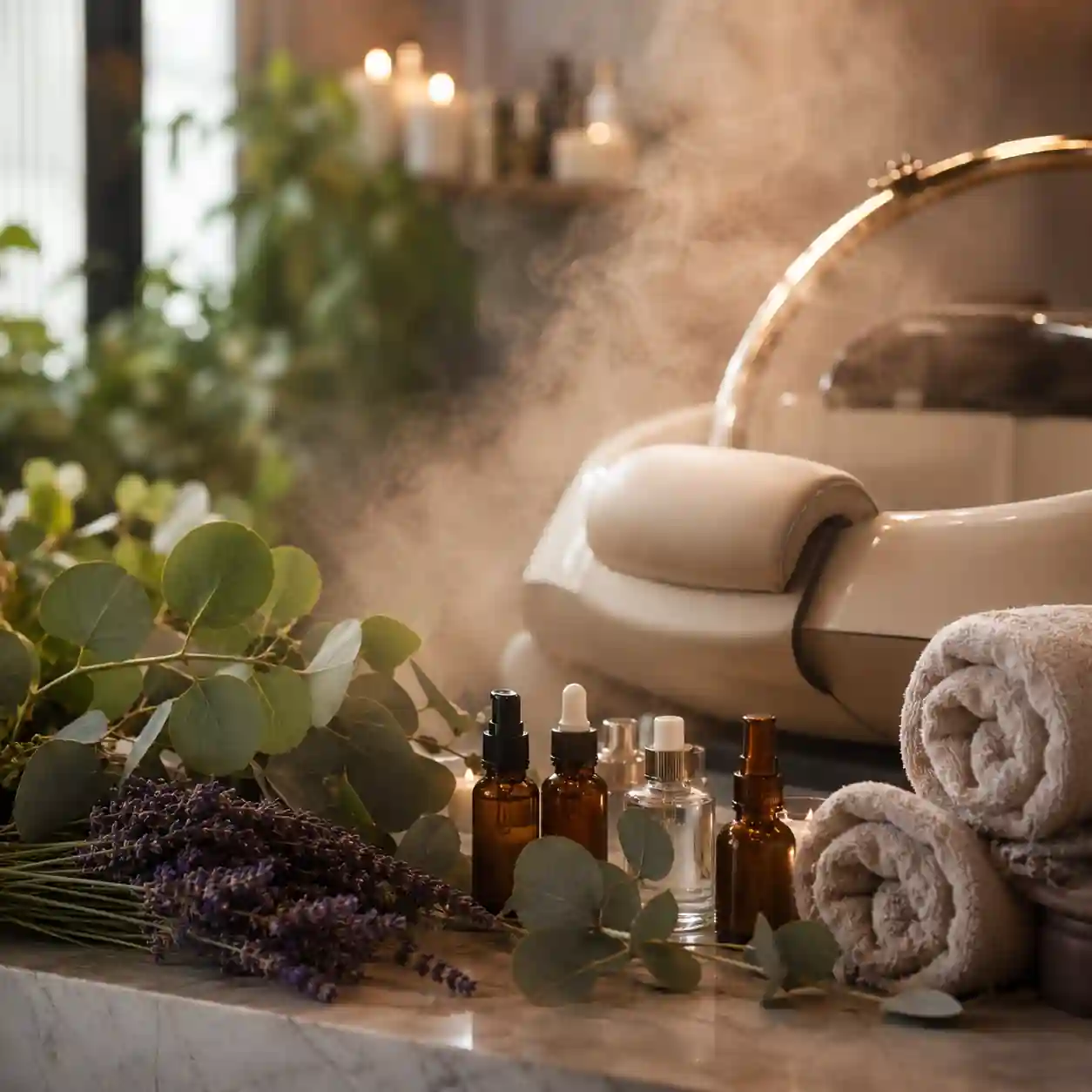 Essential oils and wellness products used during a luxury head spa bed experience