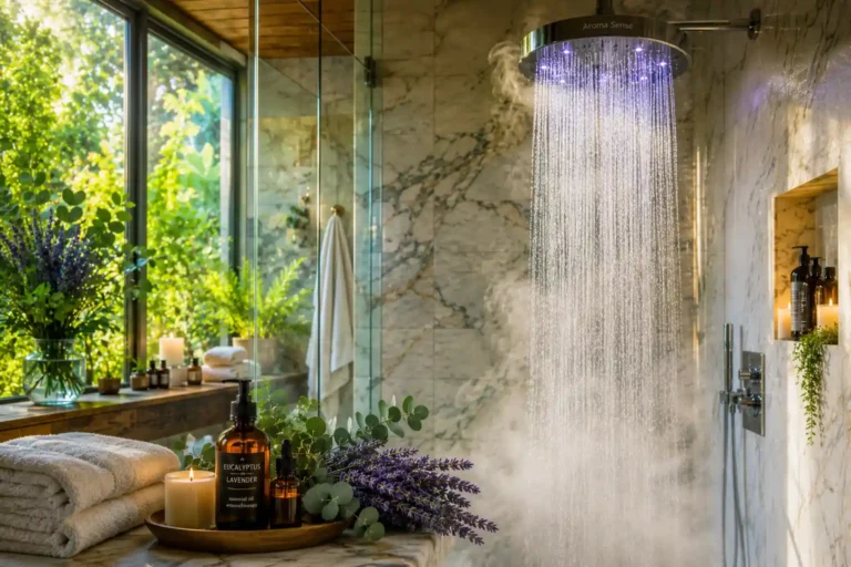Luxury bathroom featuring an aromatherapy shower head creating a spa-like wellness experience