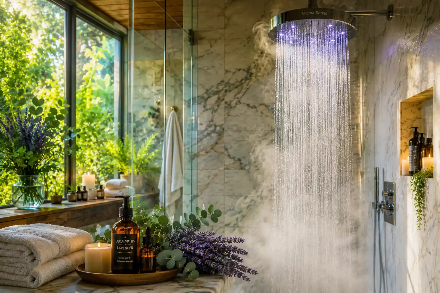 Luxury bathroom featuring an aromatherapy shower head creating a spa-like wellness experience