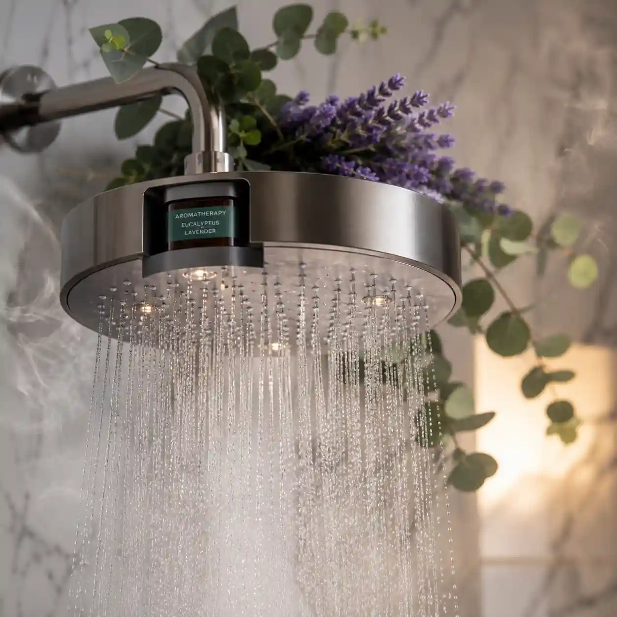 Aromatherapy shower head with essential oil cartridge creating a relaxing spa-like shower experience