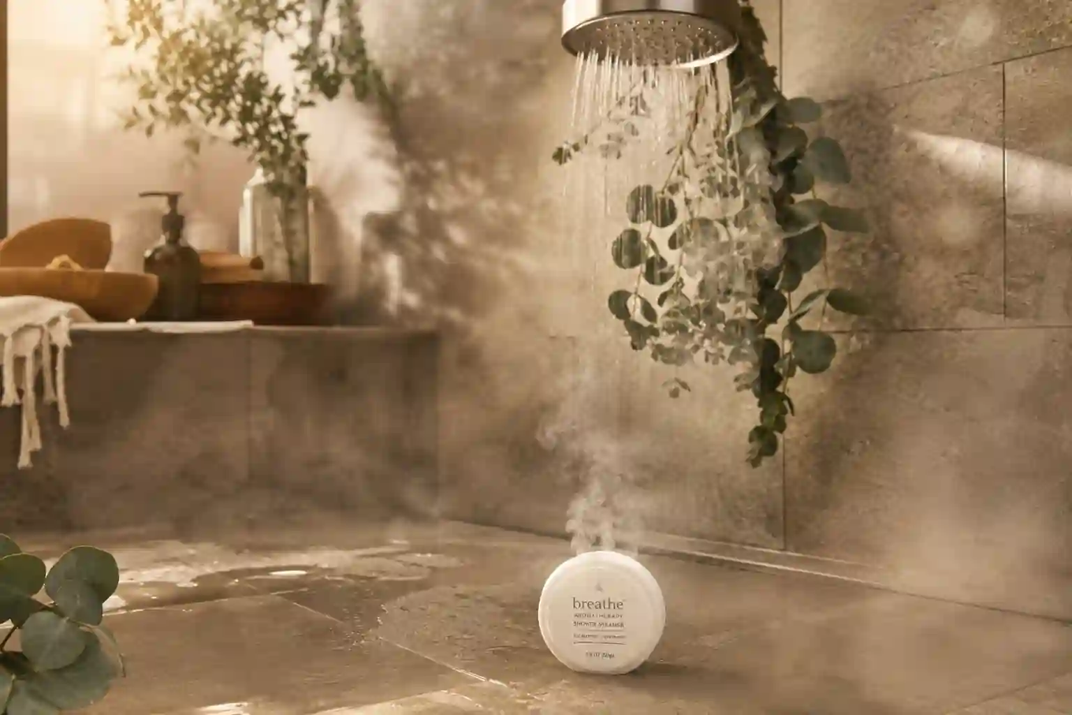 Aromatherapy shower steamers releasing essential oil aromas in a relaxing steam-filled shower