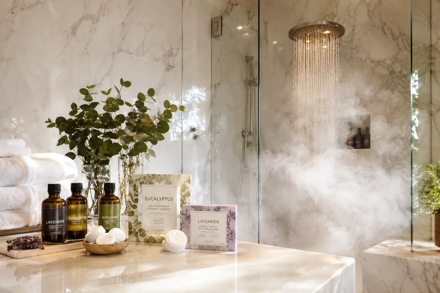 Eucalyptus shower tablet releasing refreshing aromatherapy vapors in a steamy shower