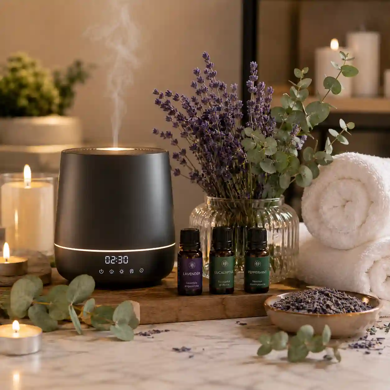 Aromatherapy wellness routine combining essential oils diffuser and mindful relaxation