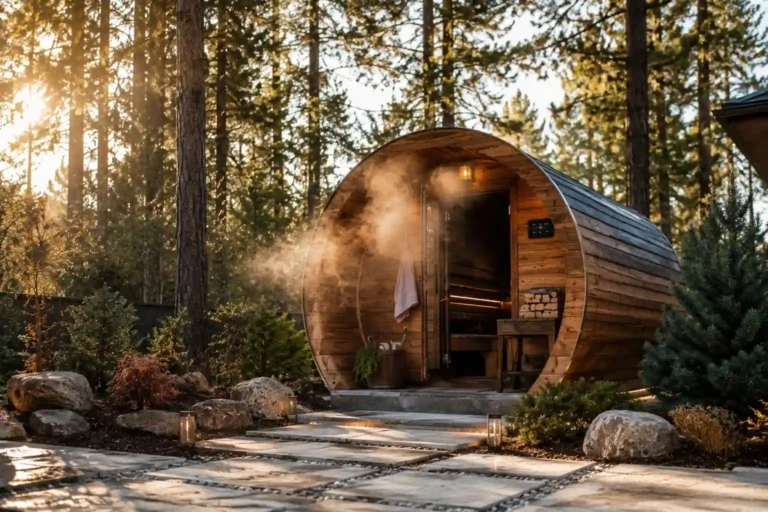 Barrel sauna in a luxury backyard wellness retreat