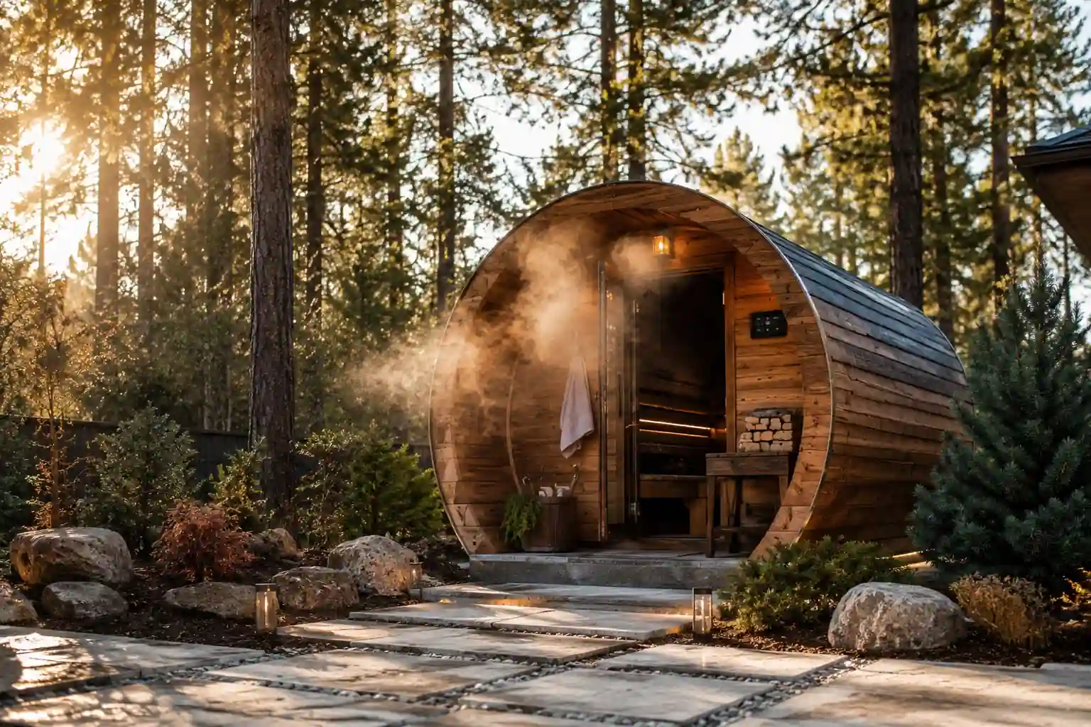 Barrel sauna in a luxury backyard wellness retreat