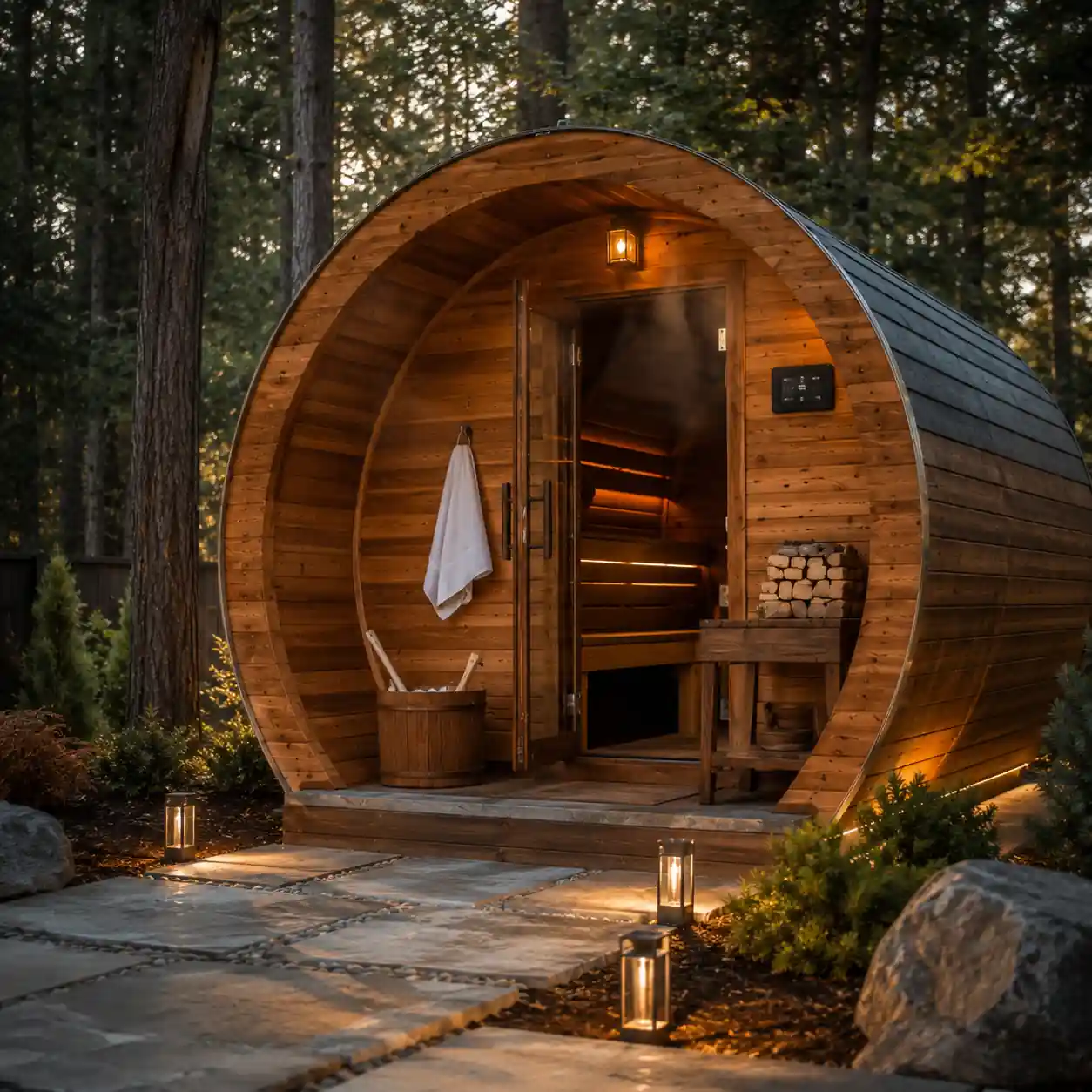 Cedar barrel sauna exterior with premium craftsmanship