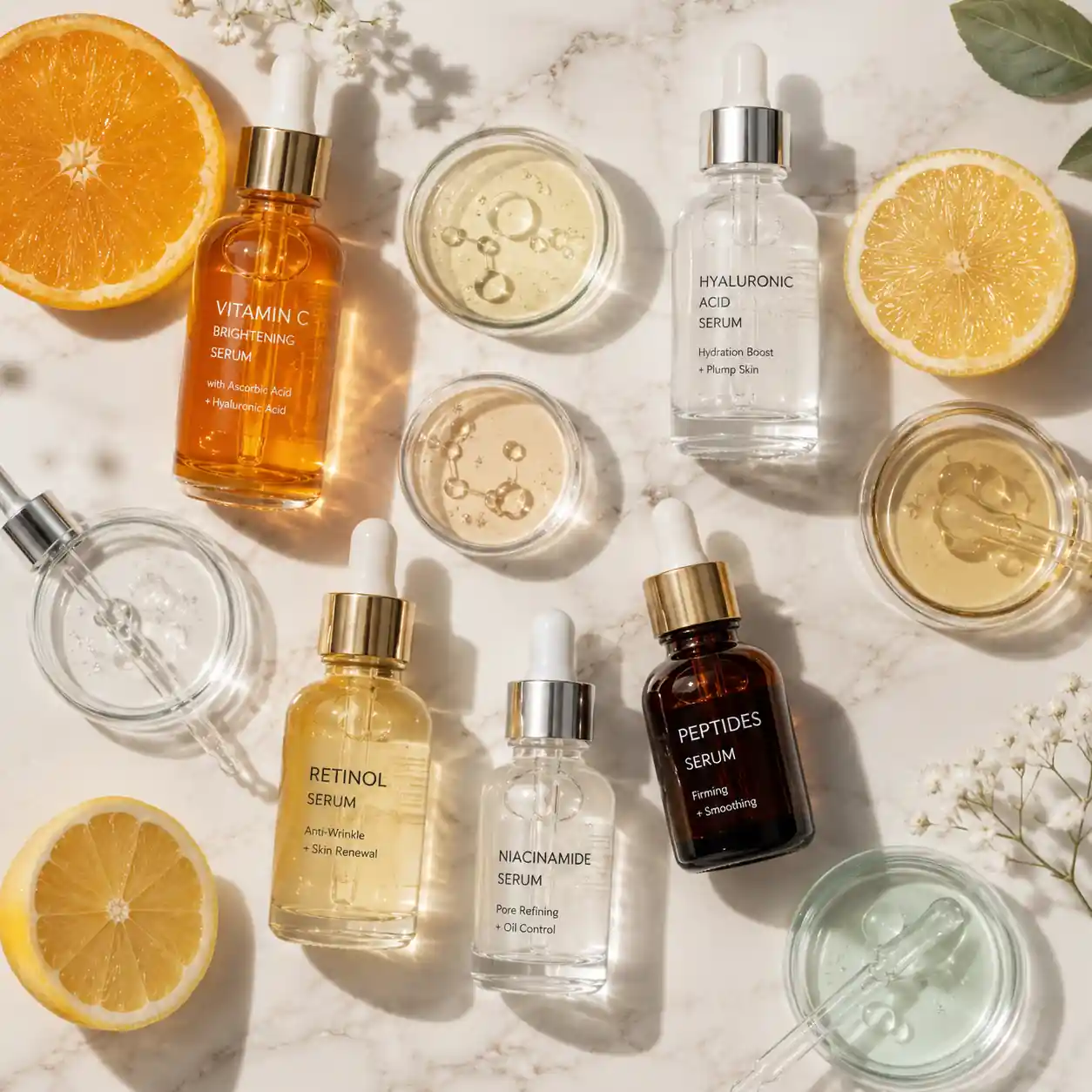 Anti-aging skincare ingredients including retinol, vitamin C, hyaluronic acid, peptides, and niacinamide for wrinkle treatment and collagen support.
