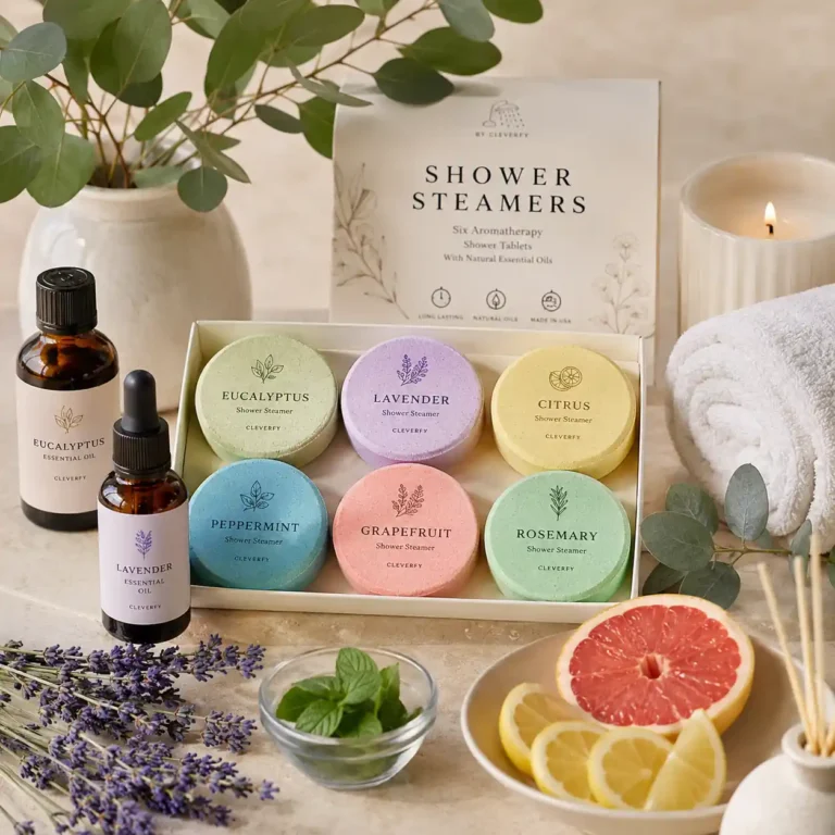 Aromatherapy shower tablets and shower bombs creating a relaxing spa-like experience with essential oils and steam
