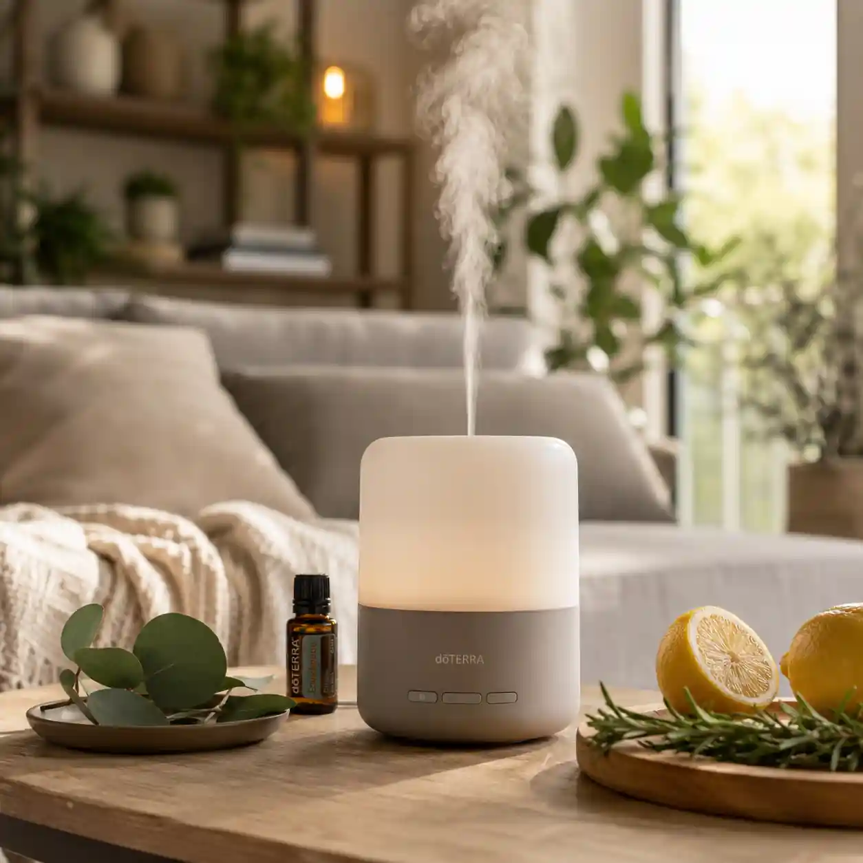 Essential oil diffuser releasing aromatic mist with immunity-supporting essential oils in a cozy home.