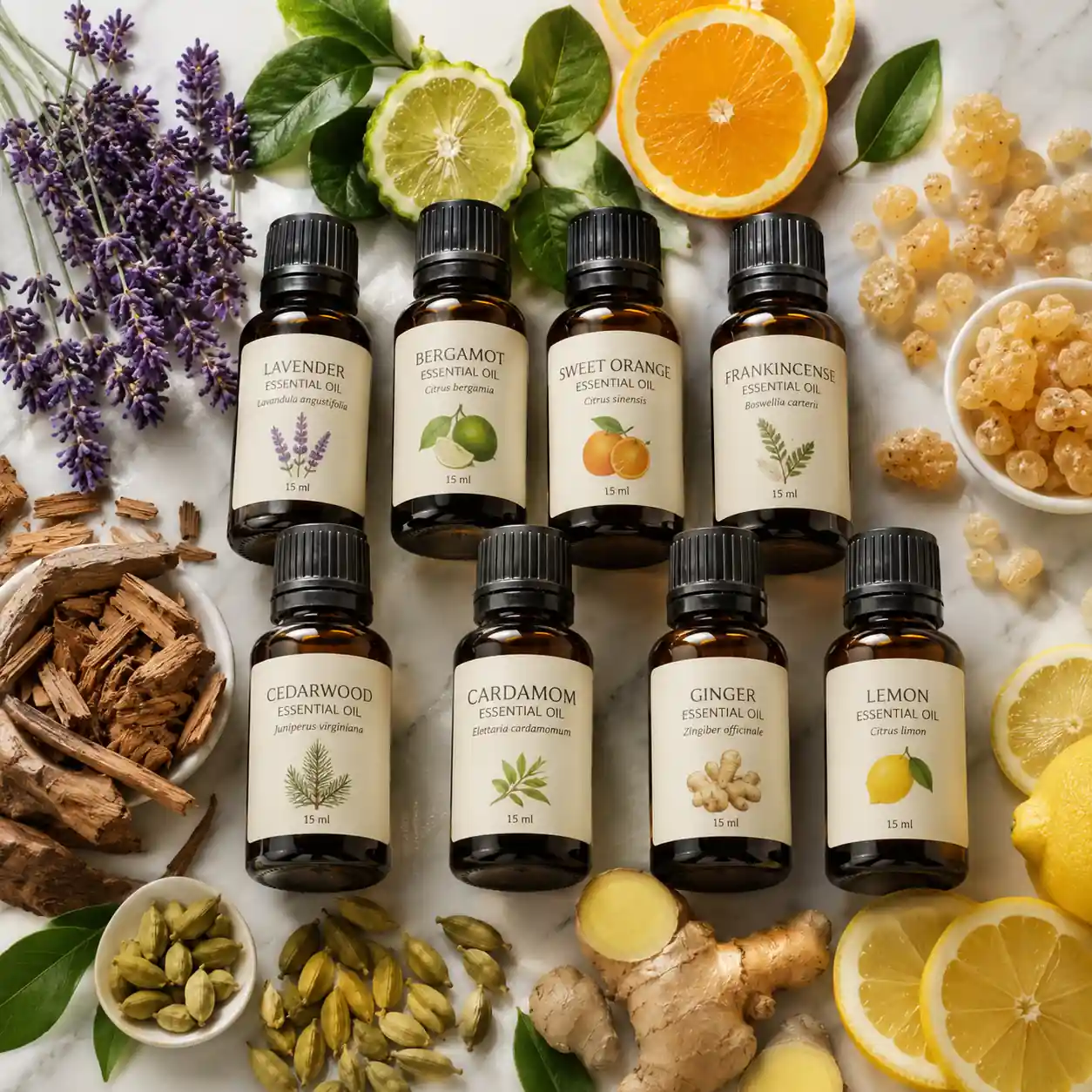 Cardamom essential oil surrounded by lavender, bergamot, cedarwood, ginger, lemon, and sweet orange essential oils for DIY blending.