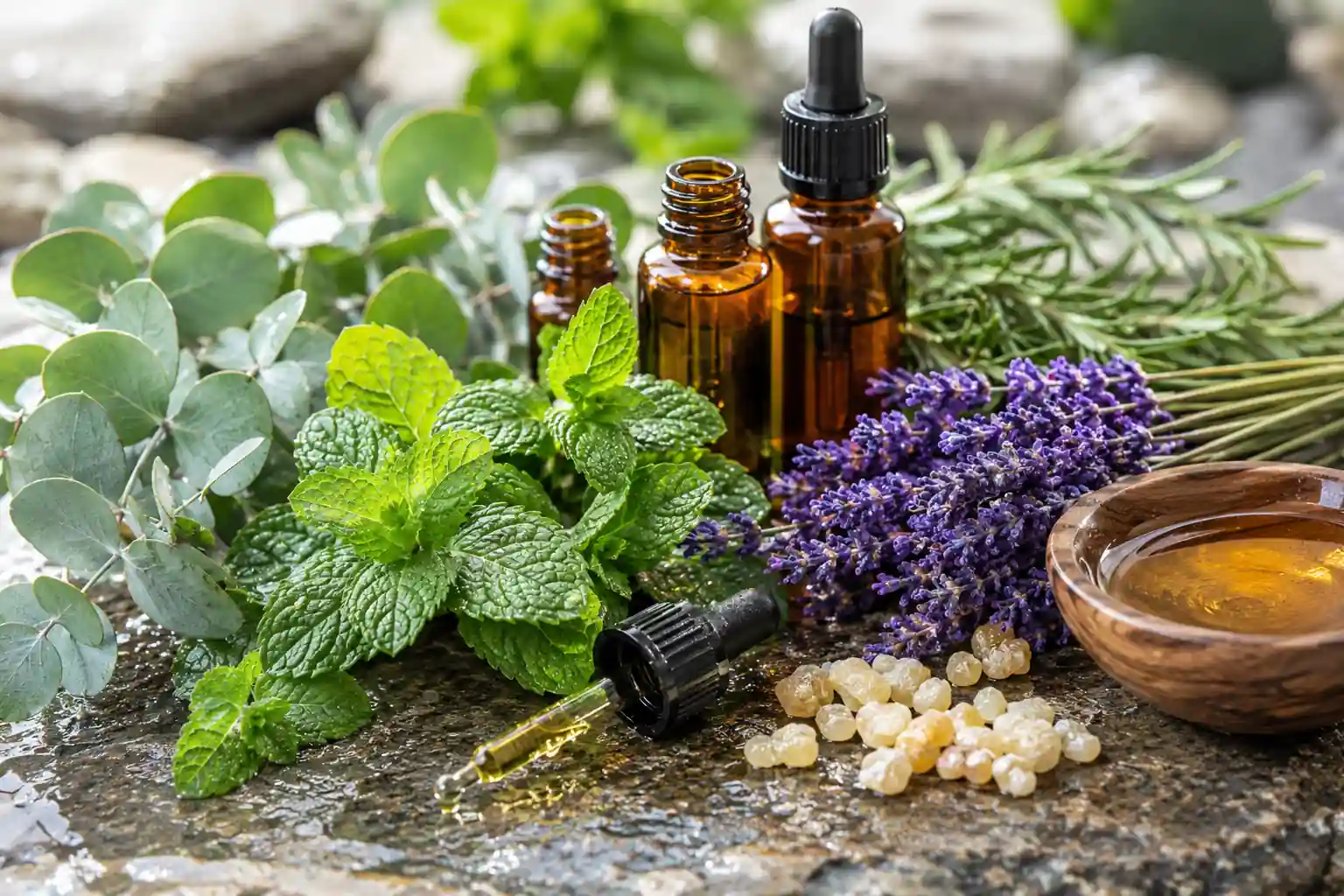 Fresh peppermint, lavender, rosemary, eucalyptus, and frankincense used in a natural muscle pain relief essential oil blend recipe.
