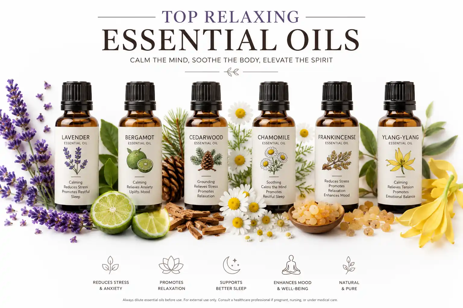 Collection of the best essential oils for relaxation including lavender, bergamot, cedarwood, and frankincense.
