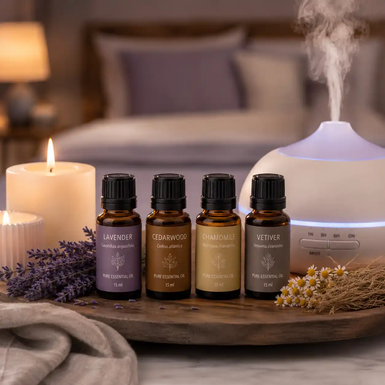 Collection of the best essential oils for diffuser use with aromatic mist and natural botanicals