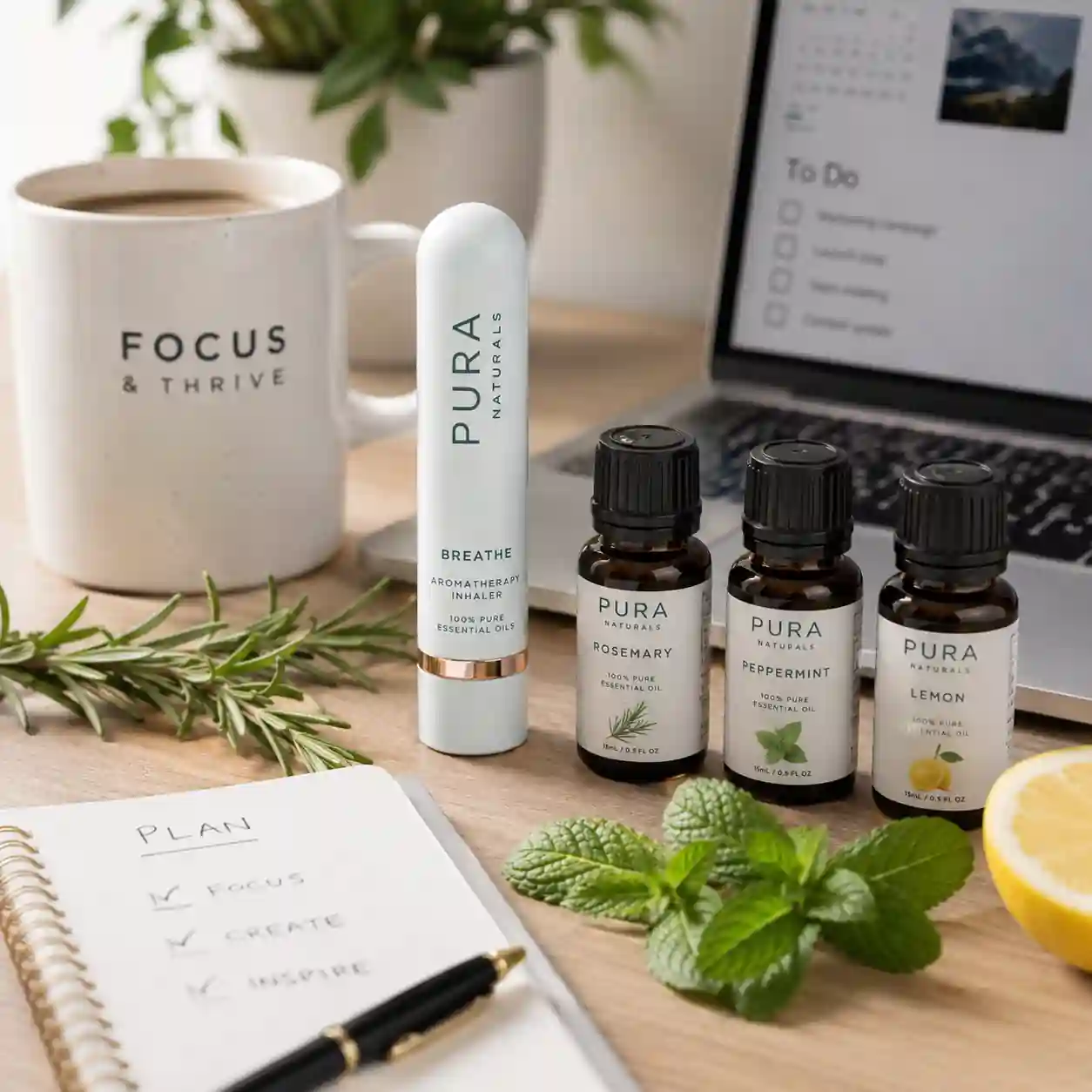 Aromatherapy inhaler containing peppermint rosemary and lemon oils for concentration and productivity