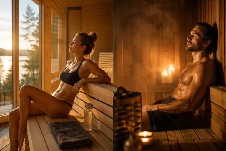 Best time of day to sauna comparison showing morning and evening sauna benefits for energy, recovery, relaxation, and better sleep.