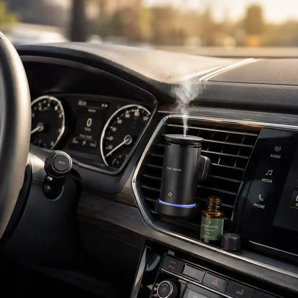 Car aromatherapy diffuser attached to vehicle air vent with essential oil blend
