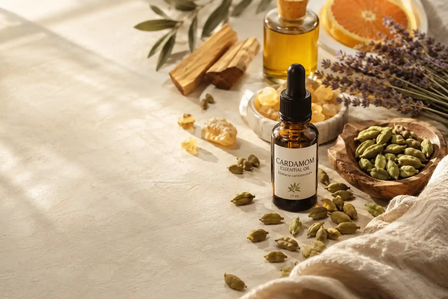 Cardamom essential oil blend recipe with cardamom pods, lavender, frankincense, sweet orange, and jojoba oil arranged in a cozy aromatherapy flat lay.