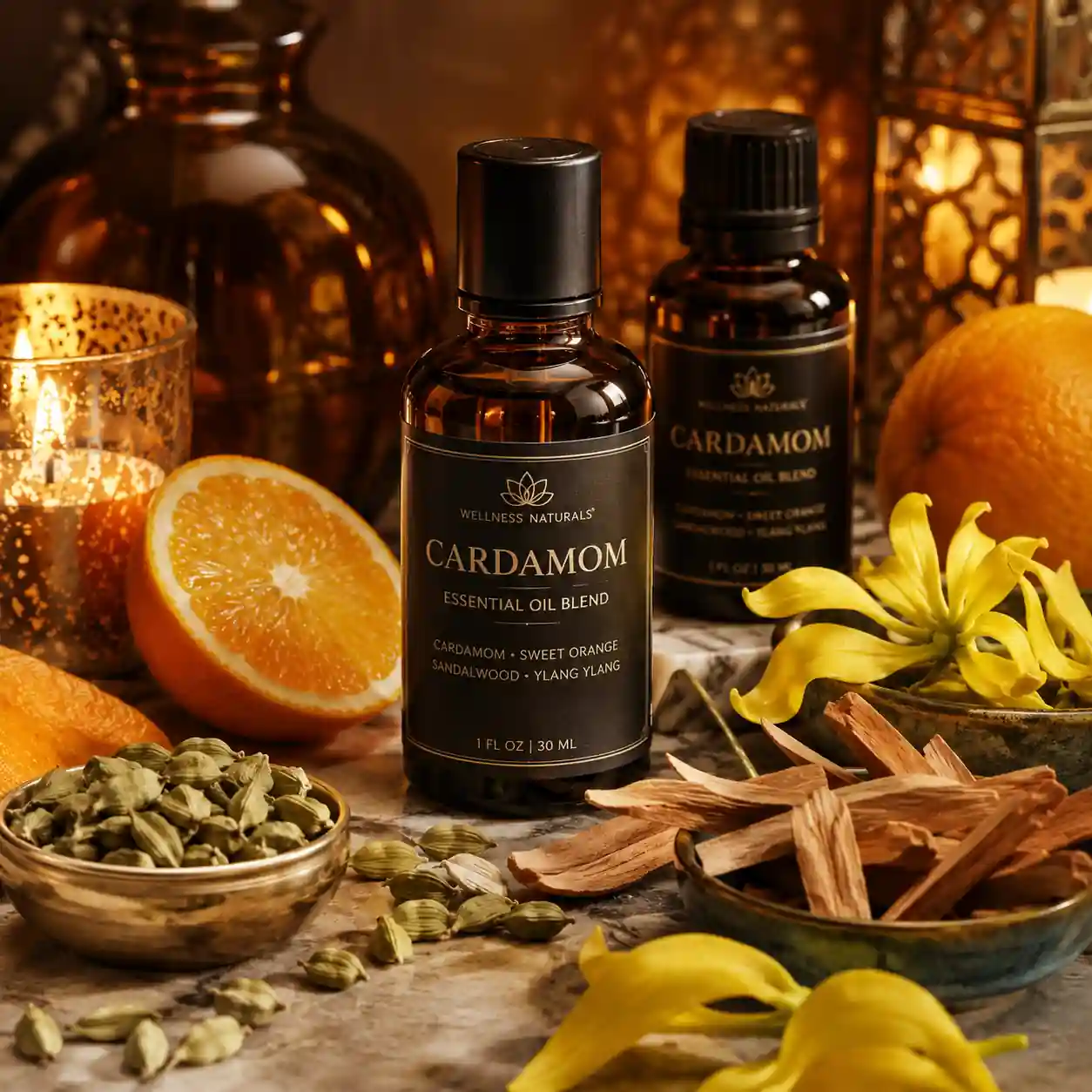 Cardamom essential oil blend with sweet orange, sandalwood, and aromatic spices creating a cozy wellness atmosphere