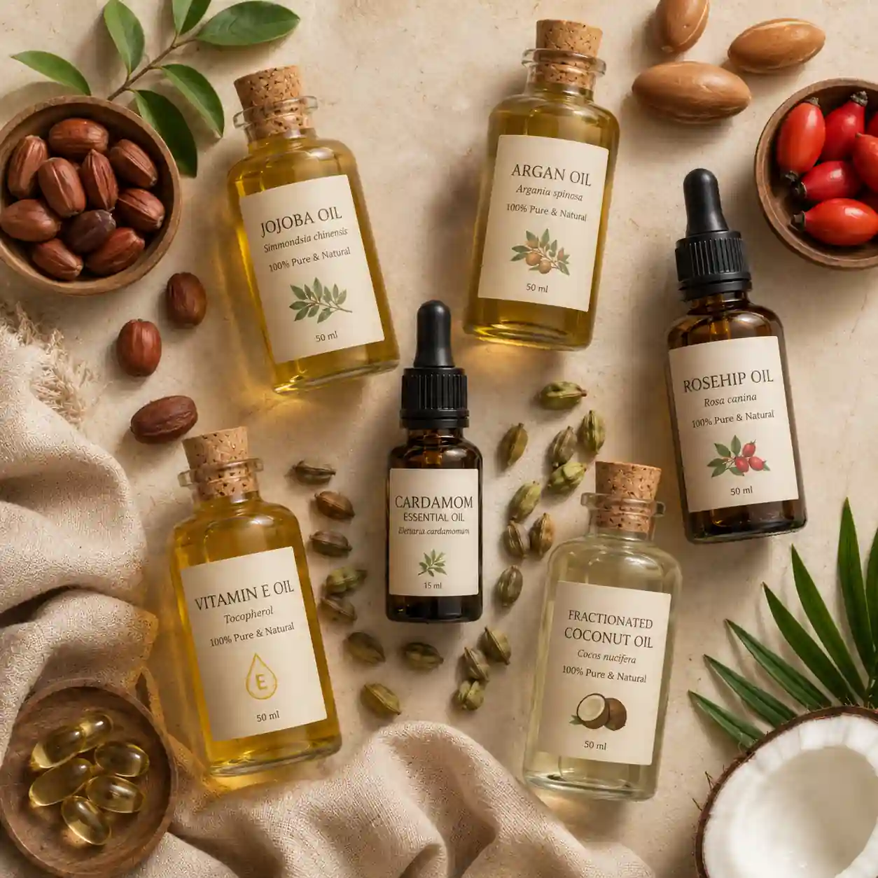 Jojoba, argan, rosehip, vitamin E, and fractionated coconut oils displayed with cardamom essential oil for safe DIY aromatherapy blends.