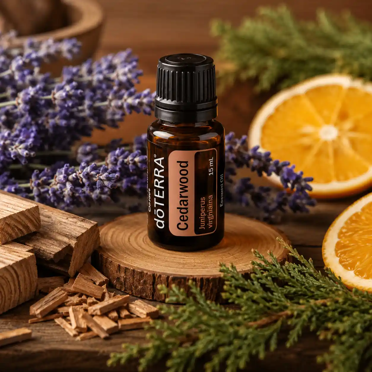 Cedarwood essential oil paired with lavender, orange, and sandalwood for popular aromatherapy blends.