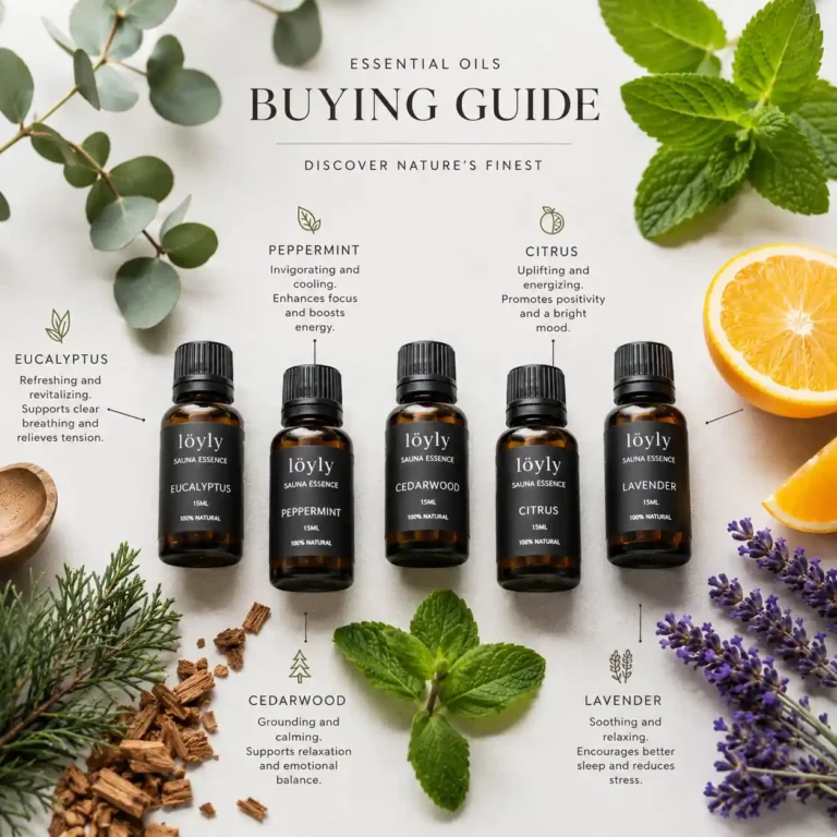 Collection of the best sauna aromatherapy oils including eucalyptus lavender peppermint and pine