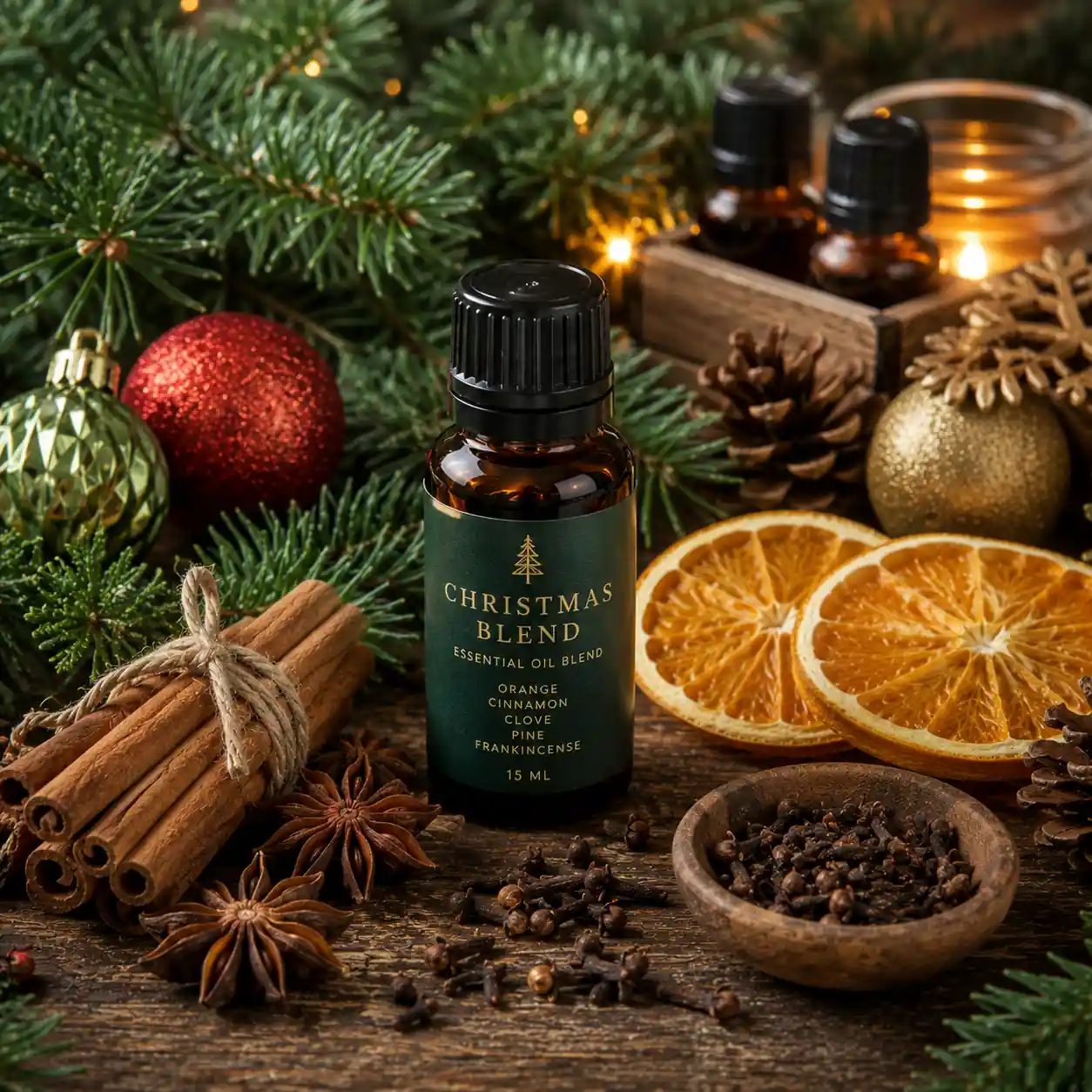 Christmas essential oil blend recipe with evergreen branches, oranges, cinnamon sticks, cloves, and holiday decorations.