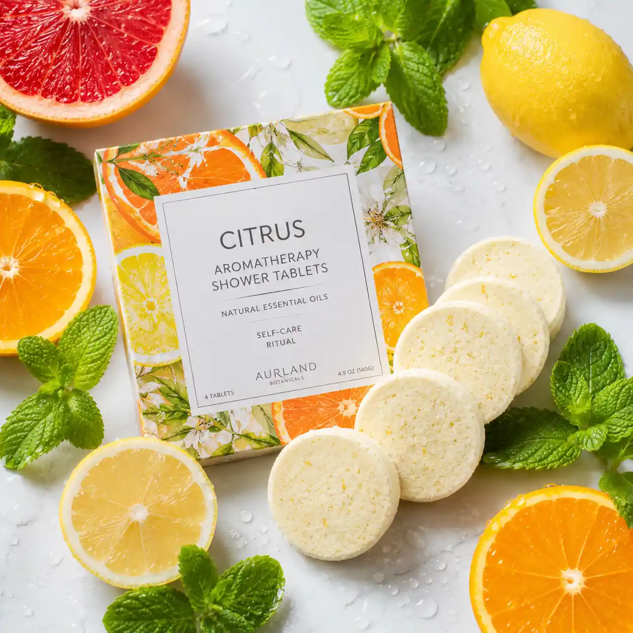 Citrus aromatherapy shower tablets with lemon and orange essential oils for an energizing shower