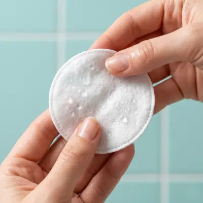 Close-up of micellar water applied with a cotton pad for gentle facial cleansing
