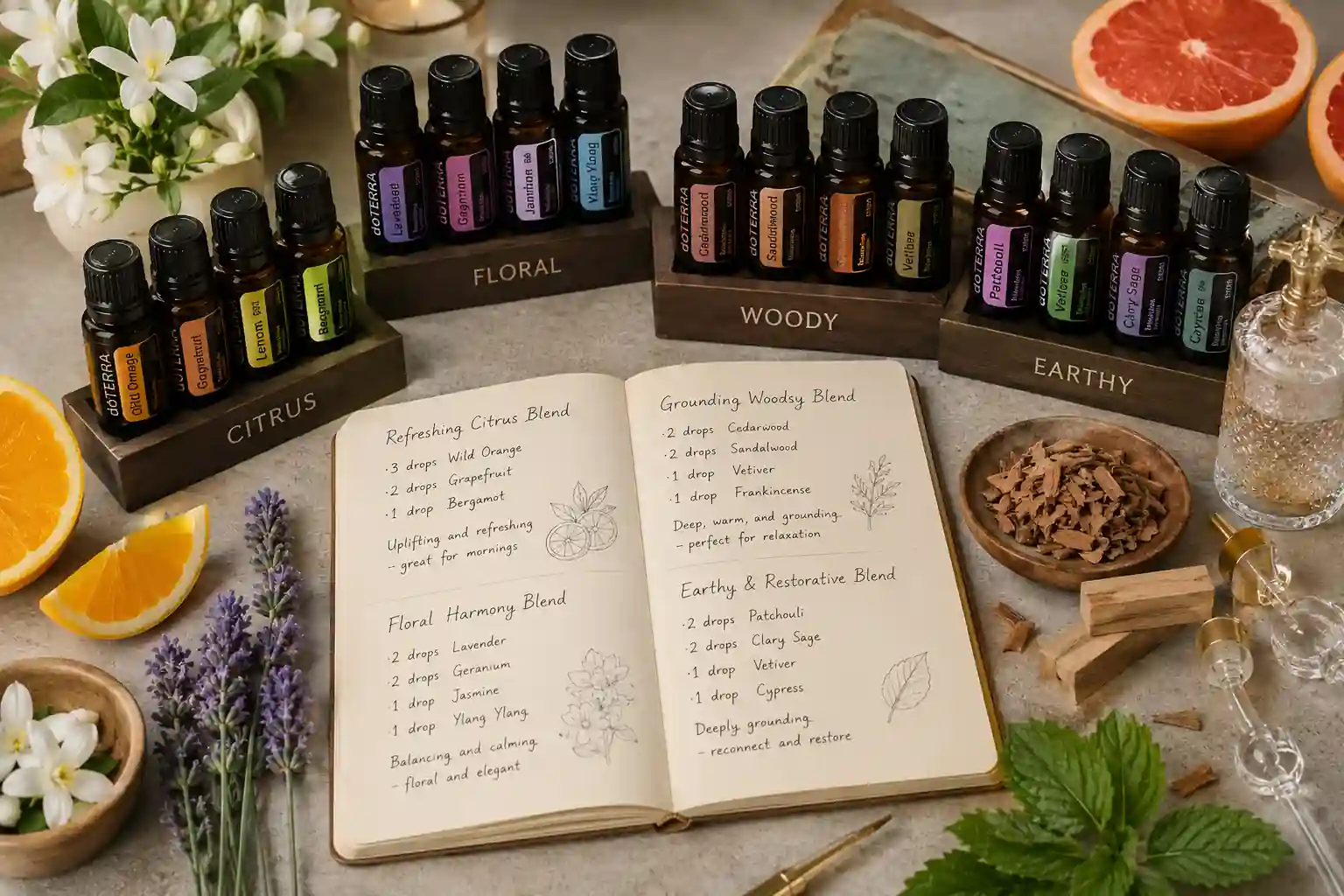 Essential oil blending guide showing citrus, floral, woody, and earthy oils arranged for creating balanced aromatherapy recipes.