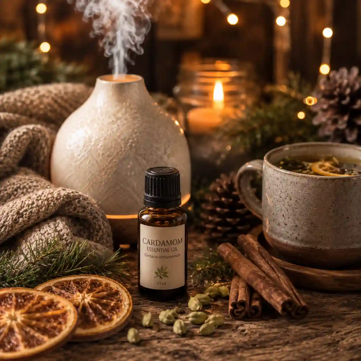 Warm seasonal cardamom essential oil diffuser blend featuring cinnamon sticks, dried orange slices, fir branches, and cozy autumn decor.