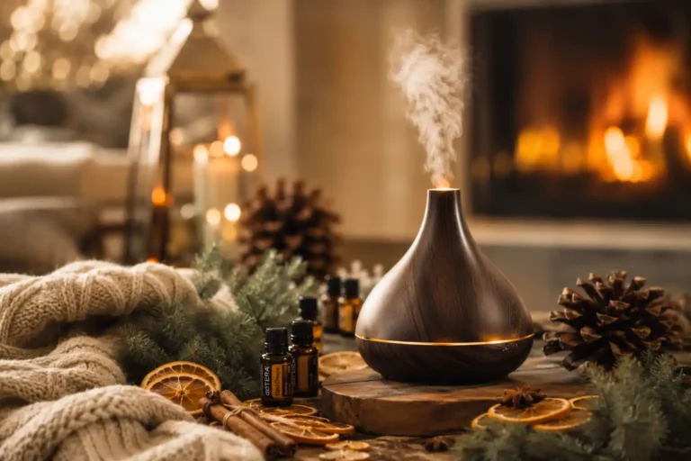 Cozy fall and winter home with essential oil diffuser, cinnamon sticks, orange slices, pinecones, and warm fireplace ambiance.