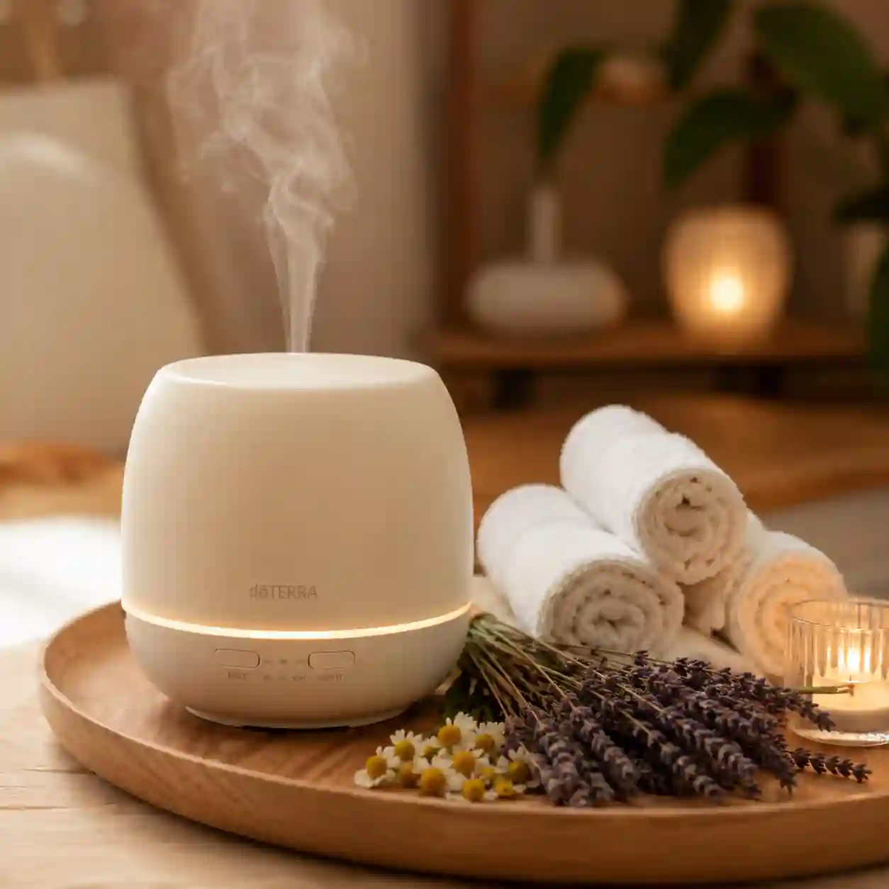 Aromatherapy diffuser releasing essential oil mist in a calming home spa environment