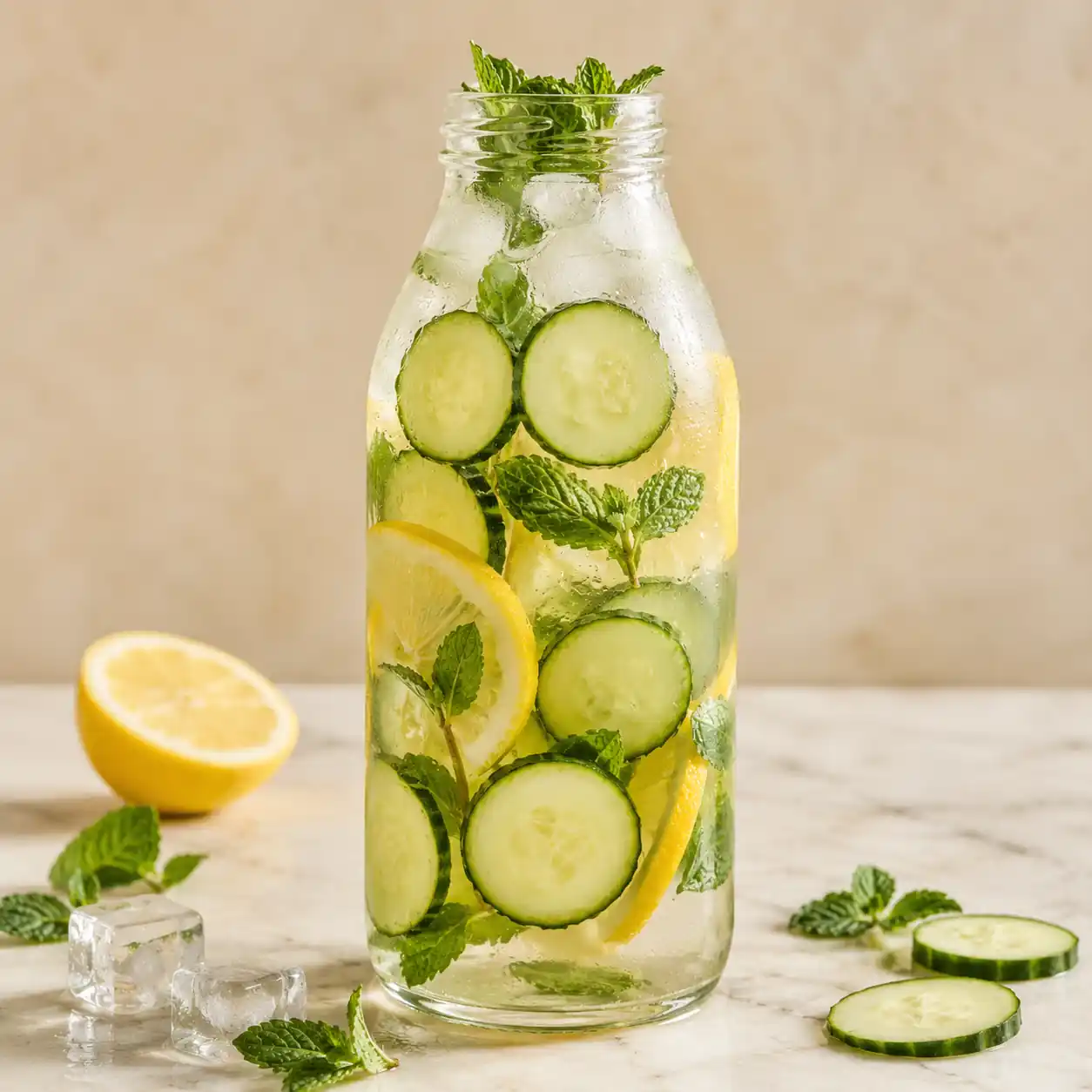 Cucumber lemon infused water with fresh mint and ice for natural hydration and reduced water retention