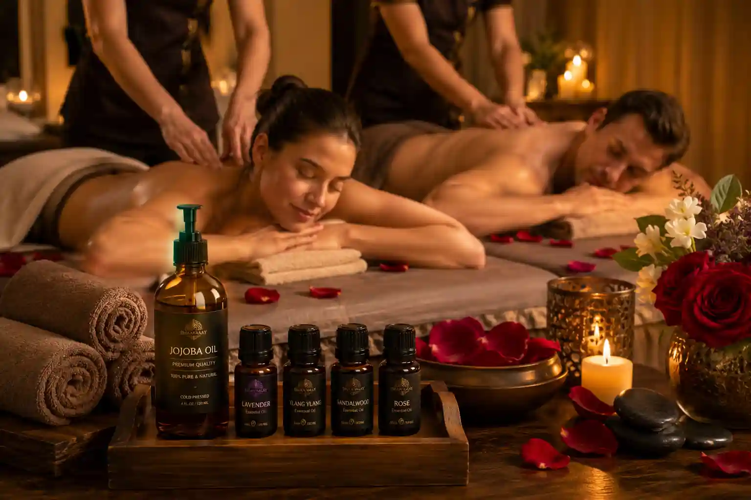 Homemade aphrodisiac massage oil made with jojoba oil, rose oil, and ylang ylang essential oil for couples.