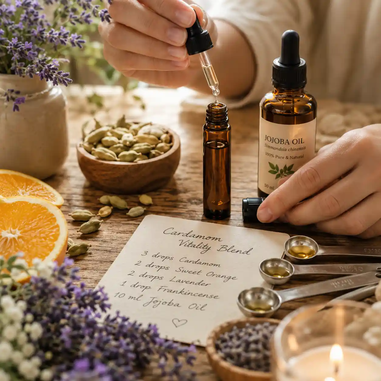 Preparing a homemade cardamom essential oil blend using jojoba carrier oil, amber roller bottle, and natural botanical ingredients.