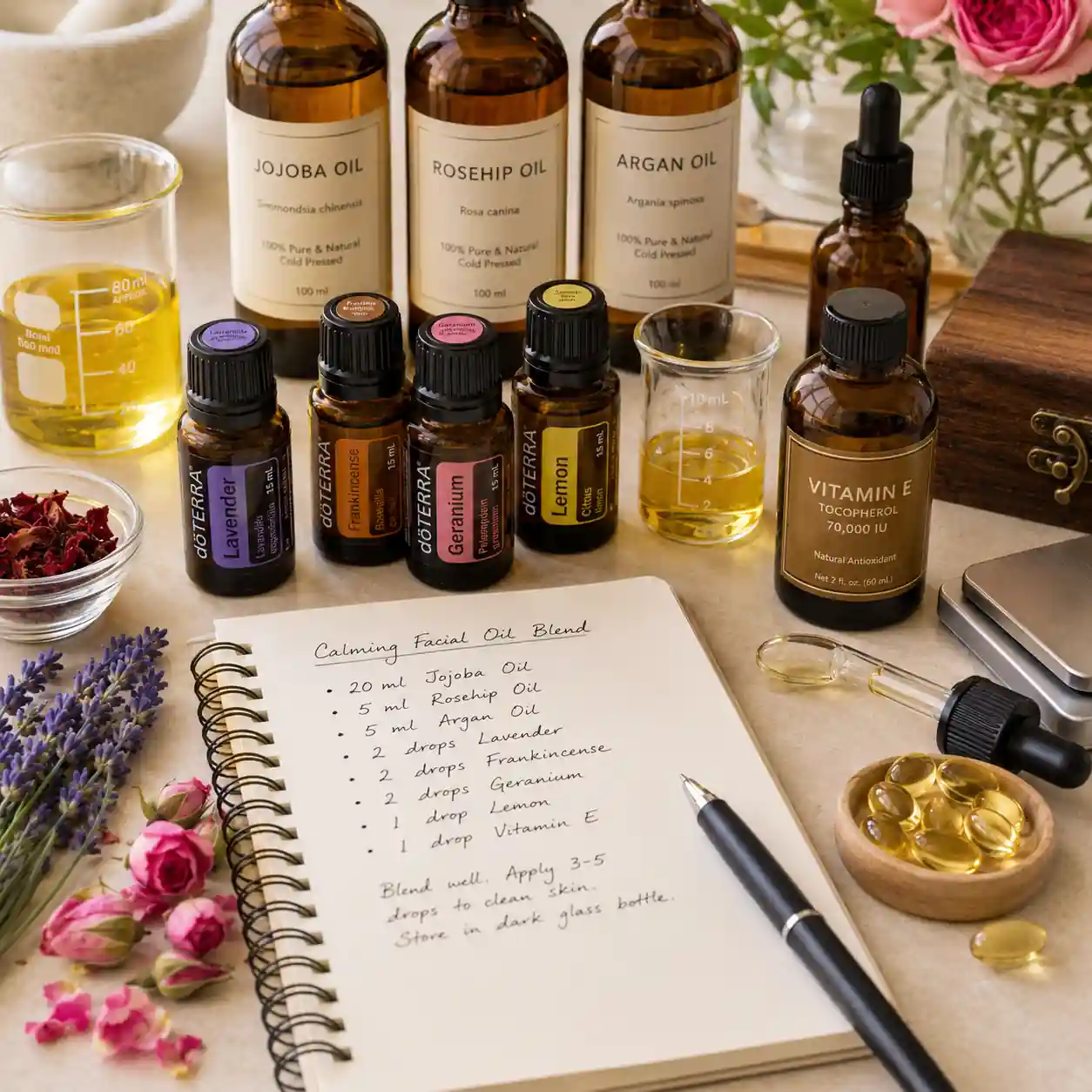 DIY essential oil blending station with carrier oils, recipe notebook, and aromatherapy supplies.