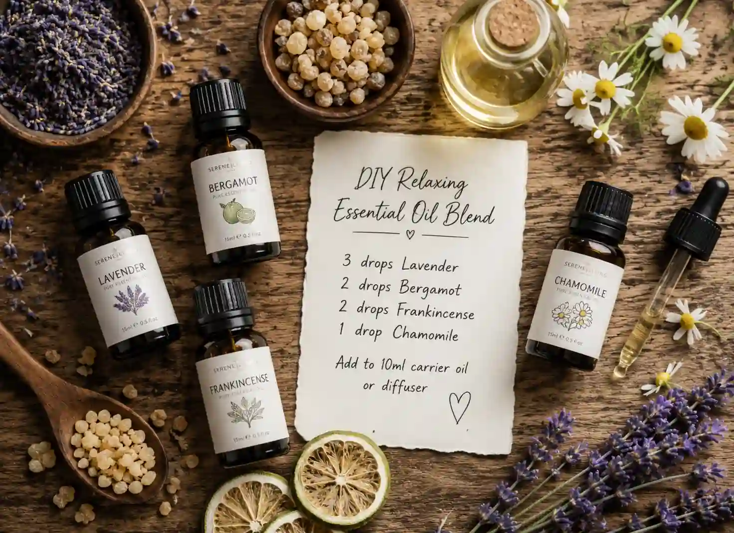 DIY relaxing essential oil blend ingredients with lavender, bergamot, frankincense, and chamomile oils.