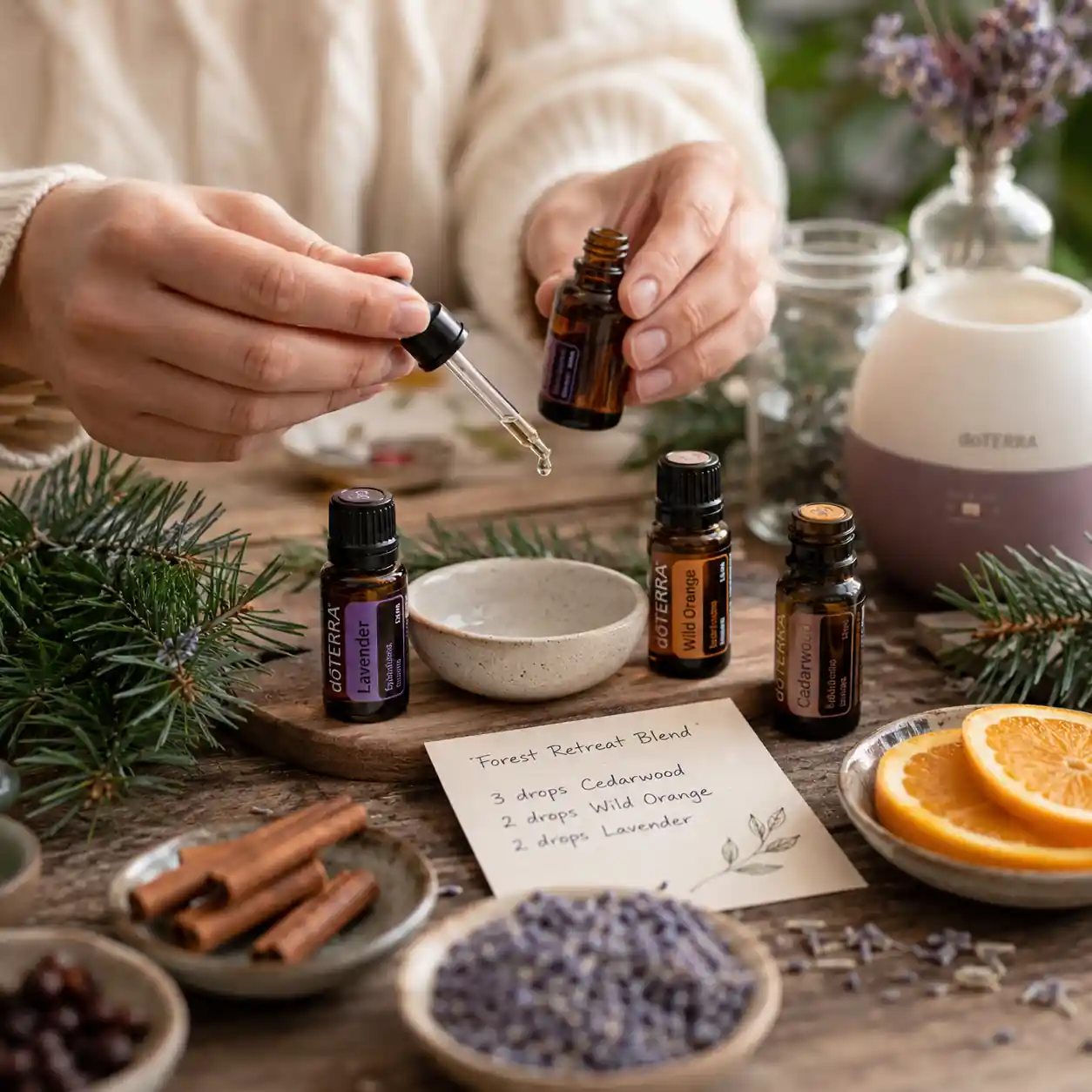 DIY seasonal essential oil blends being prepared with droppers, botanicals, and aromatic ingredients for diffusers.