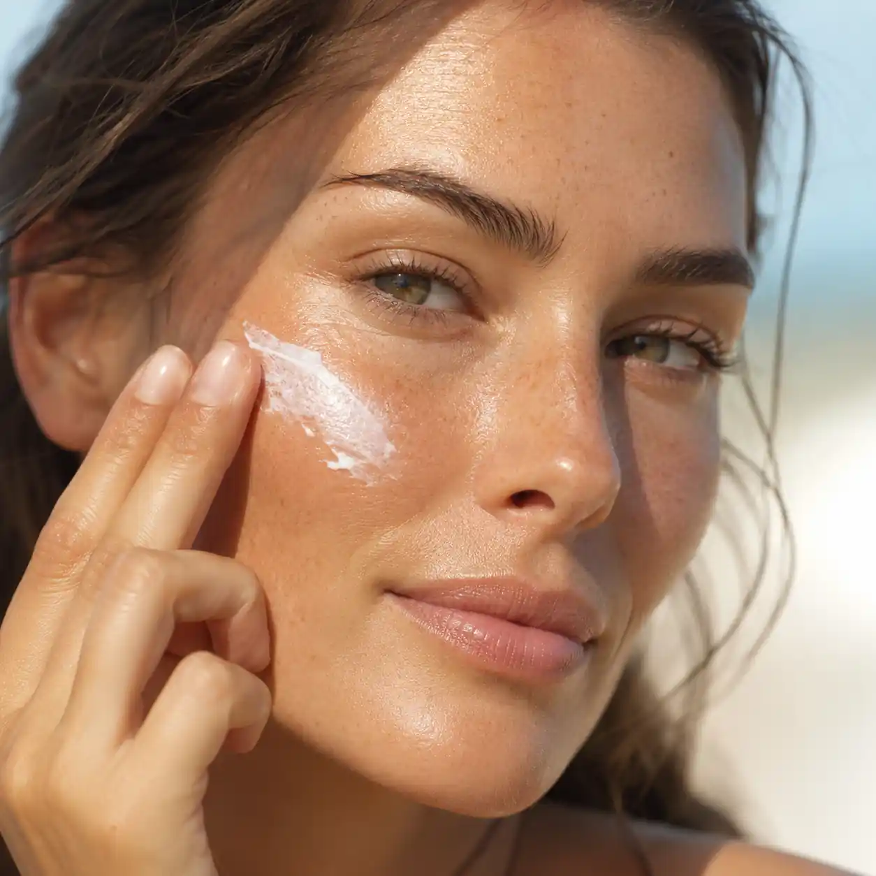 Woman applying sunscreen as part of an anti-aging skincare routine to prevent wrinkles, fine lines, and premature skin aging.
