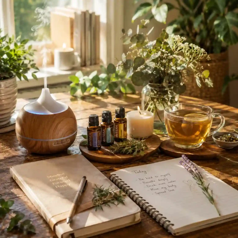Immunity essential oil blend recipe featuring lemon, eucalyptus, tea tree, rosemary, frankincense, and clove around a diffuser.