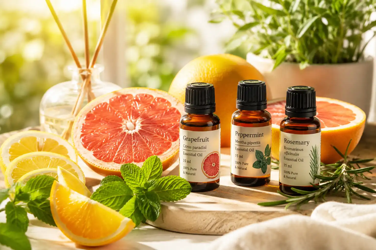 Refreshing energy essential oil blend featuring grapefruit, peppermint, and rosemary oils with fresh citrus fruits and herbs.