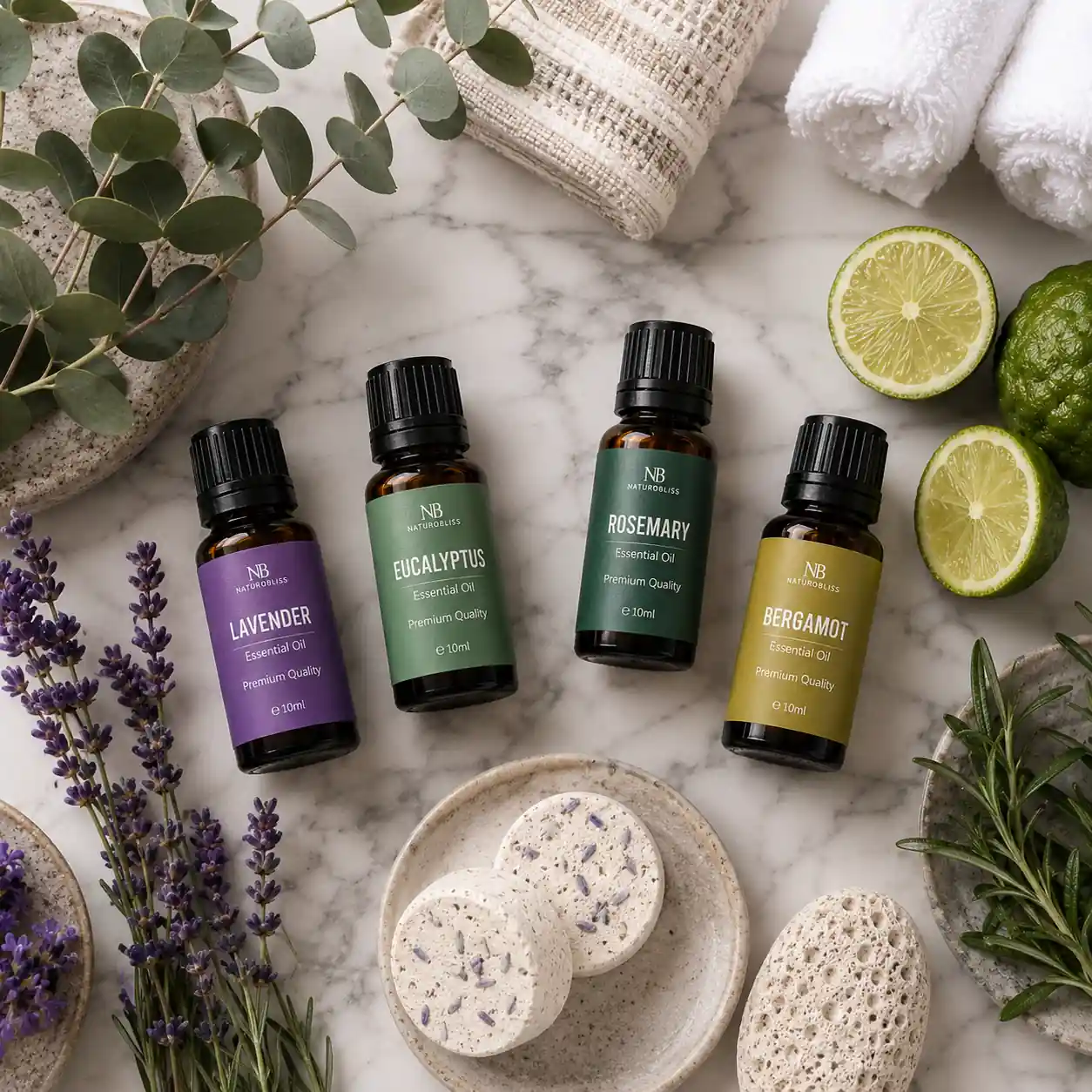 Collection of essential oils for shower aromatherapy arranged beside a modern bathroom shower