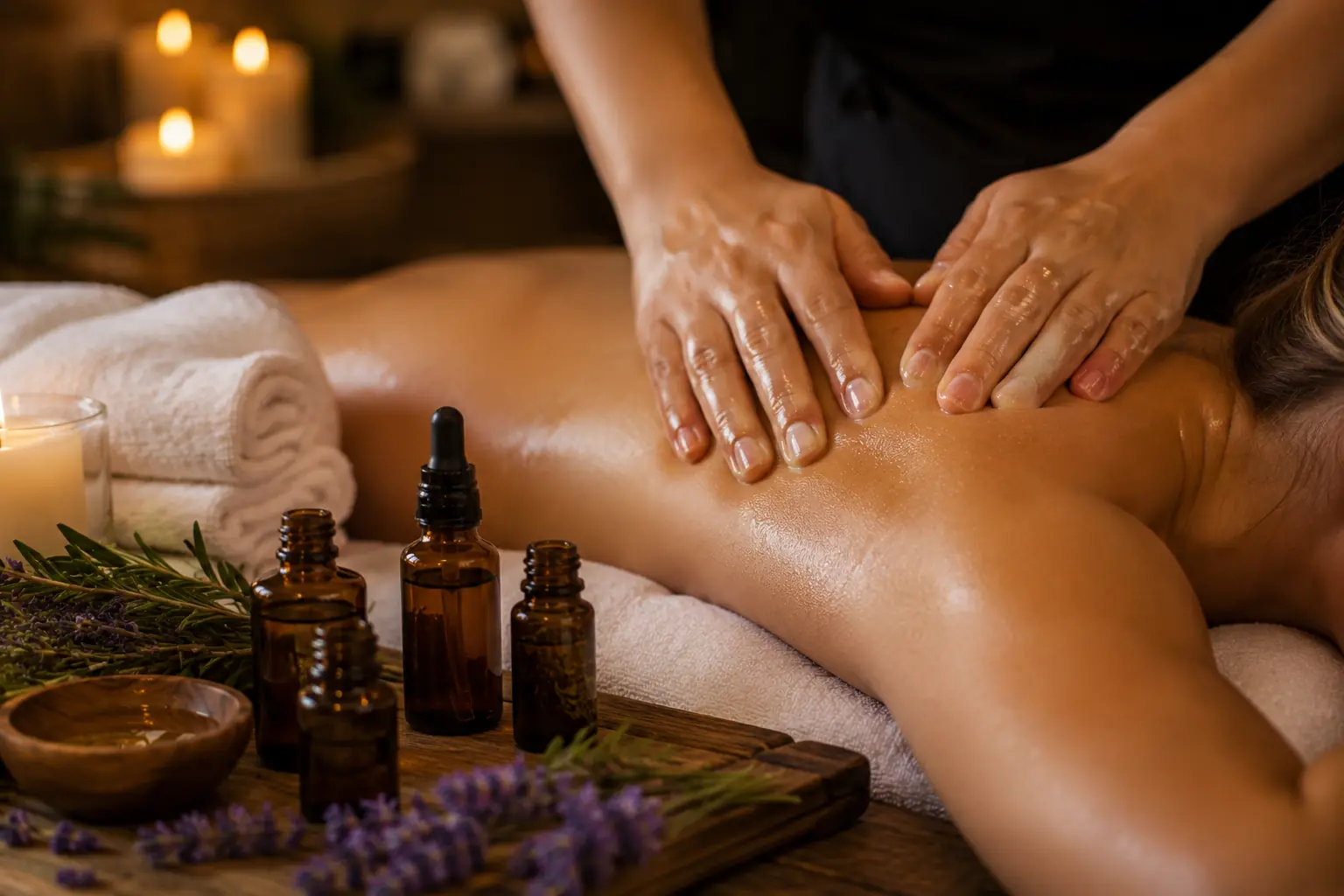 Aromatherapy massage using a muscle pain relief essential oil blend to help relax sore shoulders and tired muscles.