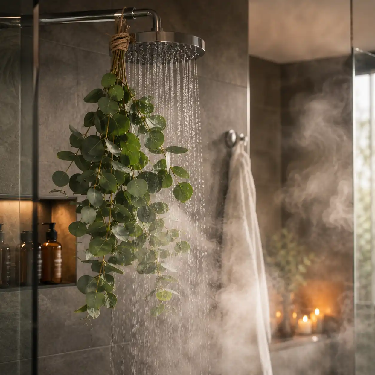 Eucalyptus essential oil used in shower aromatherapy for a refreshing and invigorating steam experience