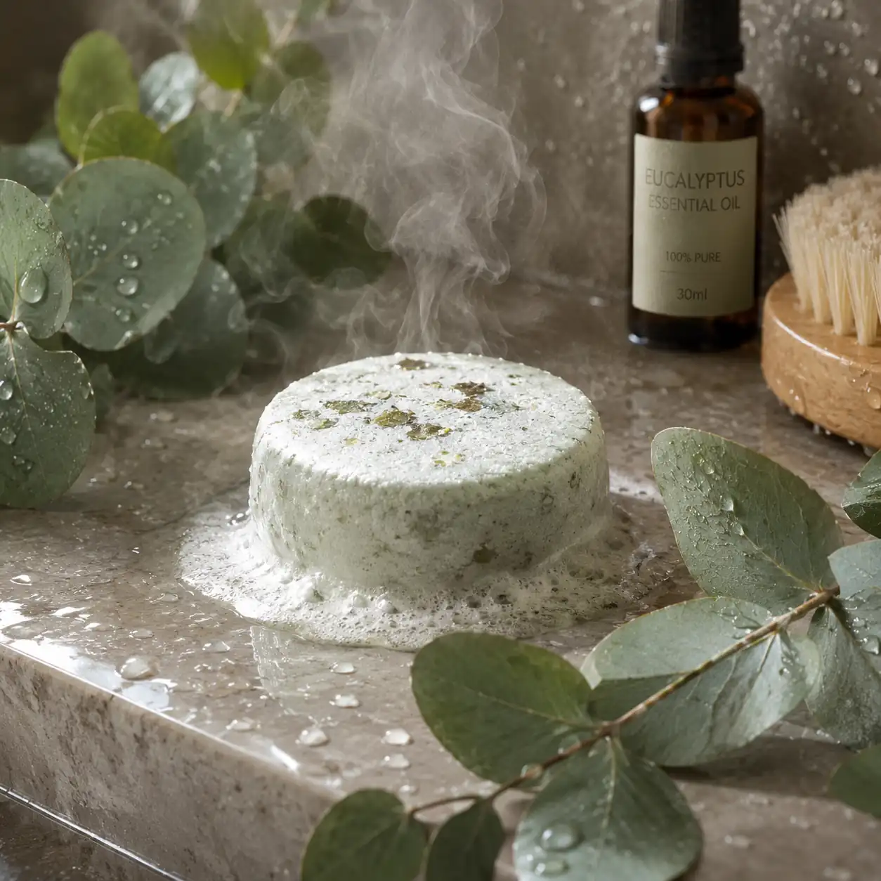 Eucalyptus shower tablet releasing refreshing aromatherapy vapors in a steamy shower